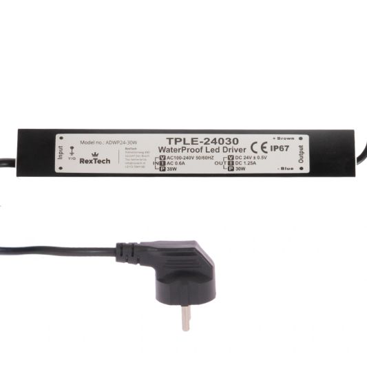 30 Watt - 24V / 1.25A waterdichte adapter voor led strips