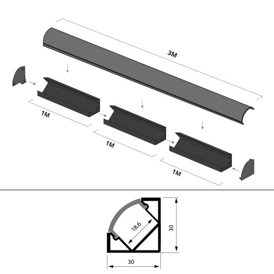 Aluminium ledstrip hoekprofiel zwart 3M breed - Compleet met afdekkap