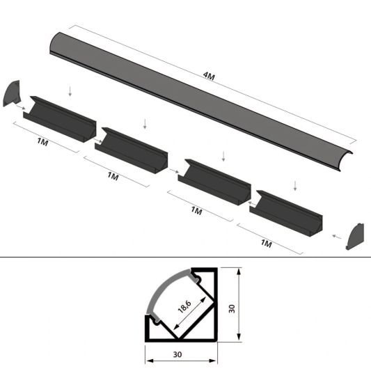 Aluminium ledstrip hoekprofiel zwart 4M breed - Compleet met afdekkap