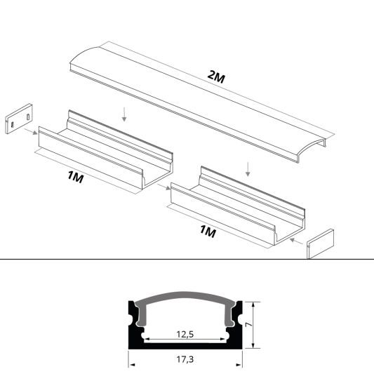 Aluminium ledstrip profiel opbouw 2M - 7 mm hoog - compleet met afdekkap