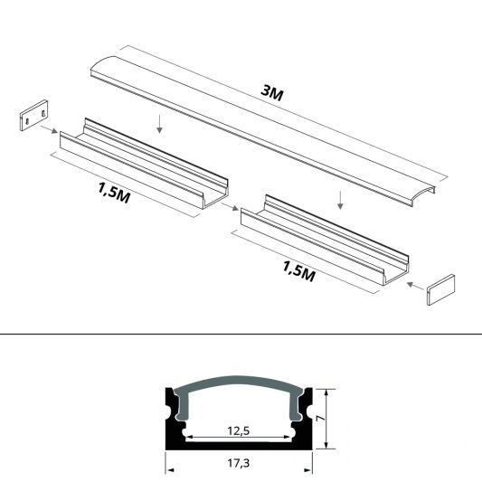Aluminium ledstrip profiel opbouw 3M - 7 mm hoog - compleet met afdekkap