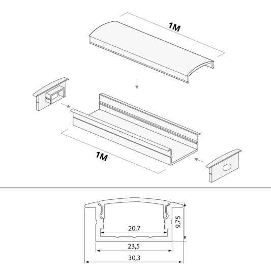 Aluminium ledstrip profiel wit inbouw 1M - breed en laag - compleet met afdekkap