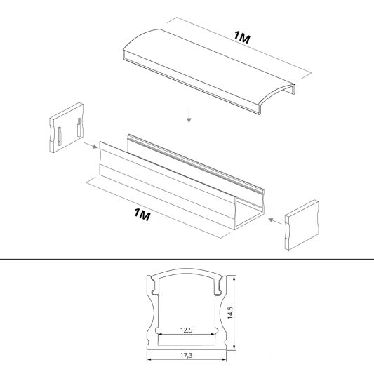 Aluminium ledstrip profiel wit opbouw 1M - 15 mm hoog - compleet met afdekkap