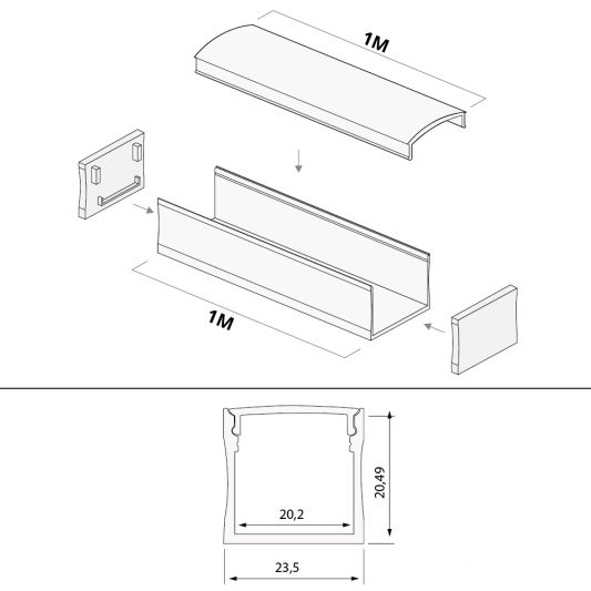 Ledstrip profiel wit opbouw 1M - breed en hoog - compleet met afdekkap