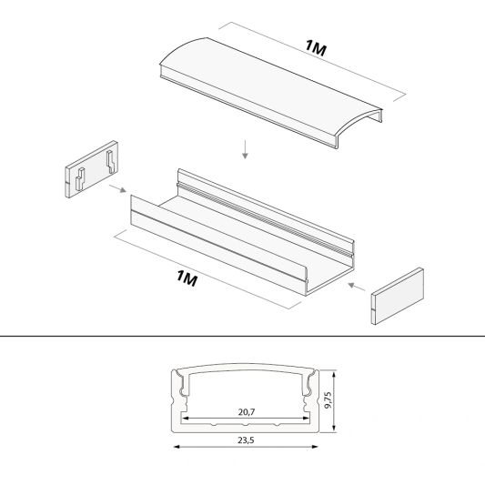 Aluminium ledstrip profiel wit opbouw 1M - breed en laag - compleet met afdekkap
