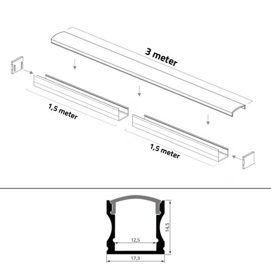 Aluminium ledstrip profiel wit opbouw 3M - 15 mm hoog - compleet met afdekkap
