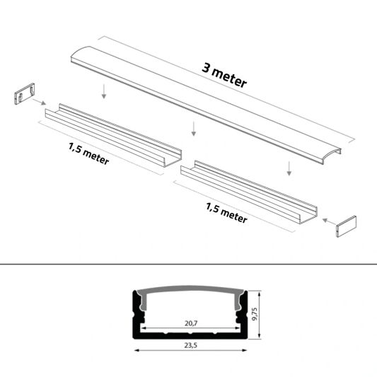 Aluminium ledstrip profiel wit opbouw 3M - breed en laag - compleet met afdekkap