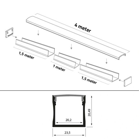 Aluminium ledstrip profiel wit opbouw 4M - breed en hoog - compleet met afdekkap