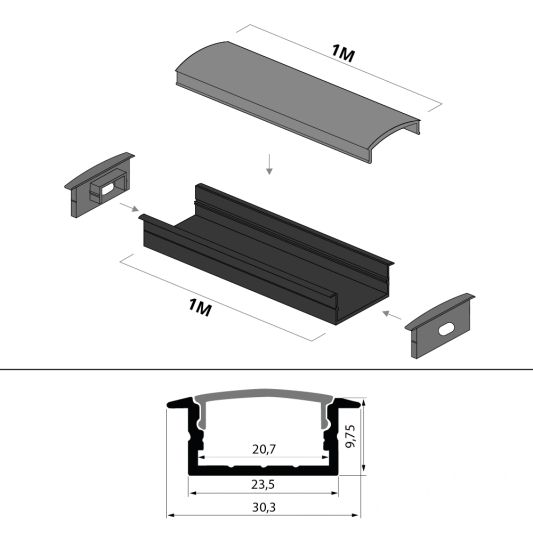 Aluminium ledstrip profiel zwart inbouw 1M - breed en laag - compleet met afdekkap