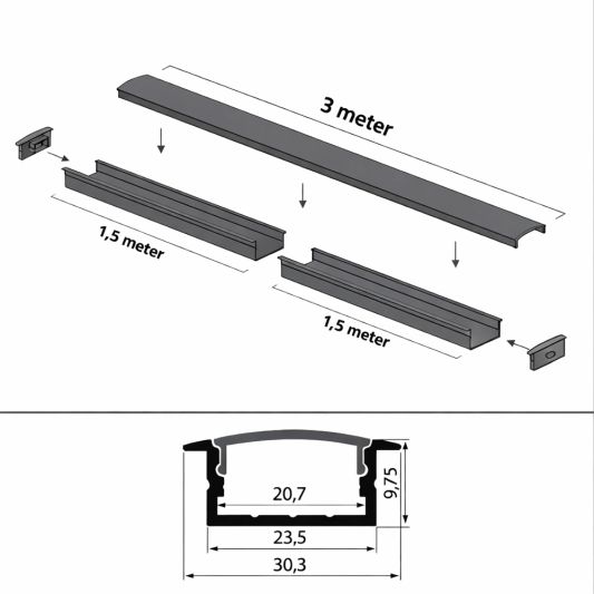 Aluminium ledstrip profiel zwart inbouw 3M - breed en laag - compleet met afdekkap