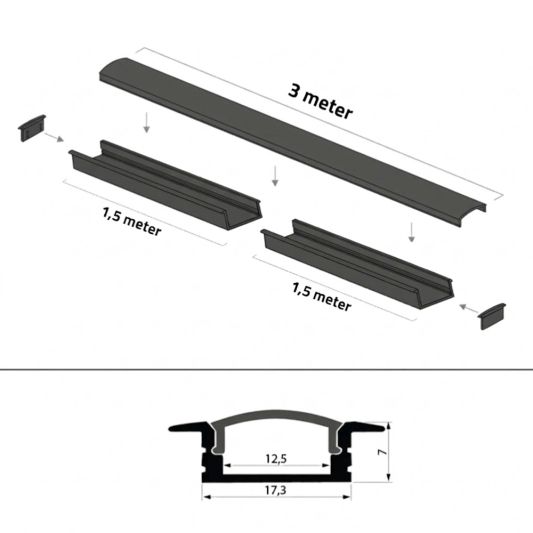 Aluminium ledstrip profiel zwart inbouw 3M Slim Line - 7 mm hoog - Compleet met afdekkap