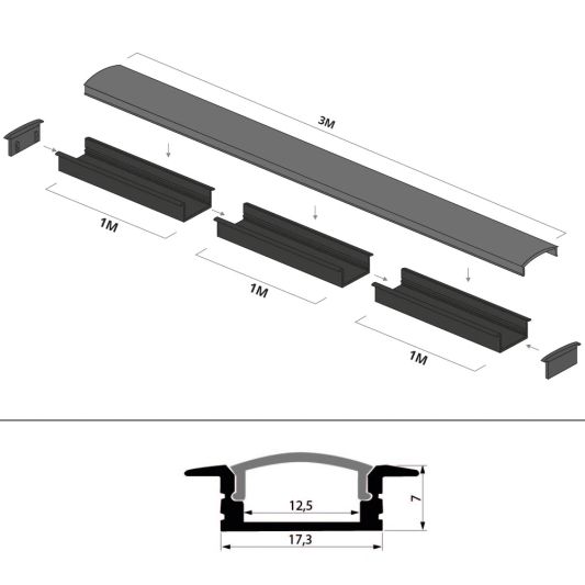 Aluminium ledstrip profiel zwart inbouw 3M Slim Line - 7 mm hoog - Compleet met afdekkap