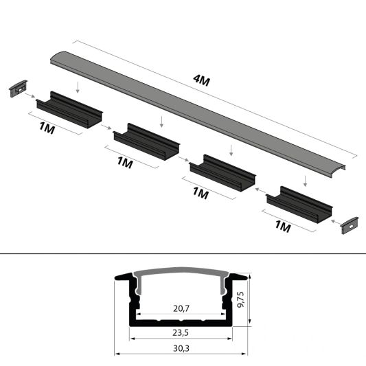 Aluminium ledstrip profiel zwart inbouw 4M - breed en laag - compleet met afdekkap
