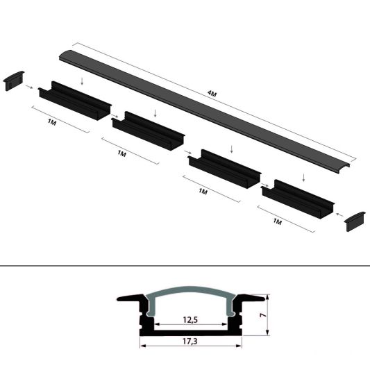 Aluminium ledstrip profiel zwart inbouw 4M Slim Line - 7 mm hoog - Compleet met afdekkap