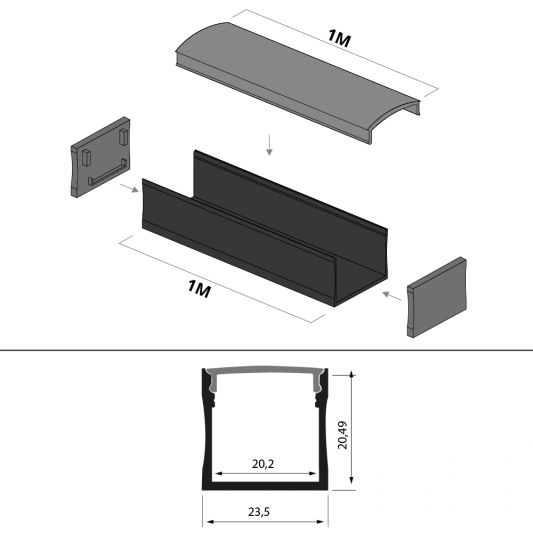Aluminium ledstrip profiel zwart opbouw 1M - breed en hoog - compleet met afdekkap