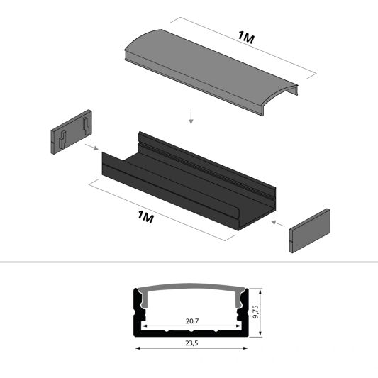 Aluminium ledstrip profiel zwart opbouw 1M - breed en laag - compleet met afdekkap