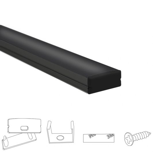Aluminium ledstrip profiel zwart opbouw 4M - breed en laag - compleet met afdekkap
