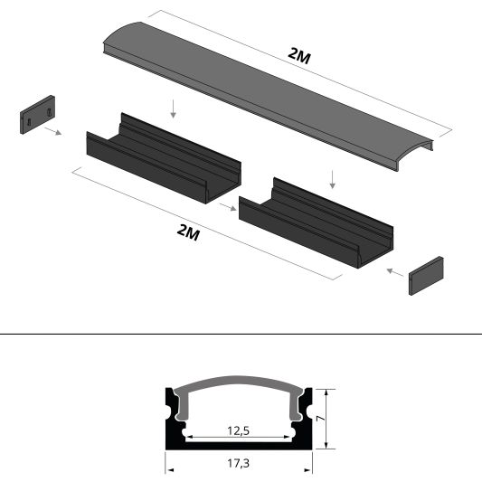 Aluminium ledstrip profiel zwart opbouw 2M - 7 mm hoog - compleet met afdekkap