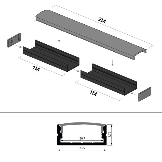 Aluminium ledstrip profiel zwart opbouw 2M - breed en laag - compleet met afdekkap