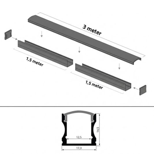Aluminium ledstrip profiel zwart opbouw 3M - 15 mm hoog - compleet met afdekkap