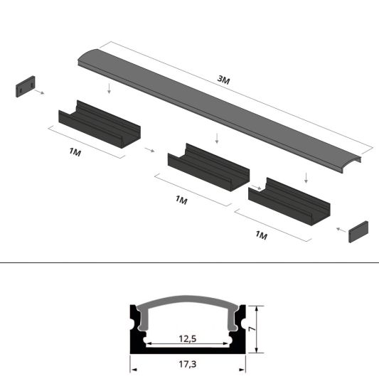 Aluminium ledstrip profiel zwart opbouw 3M - 7 mm hoog - compleet met afdekkap