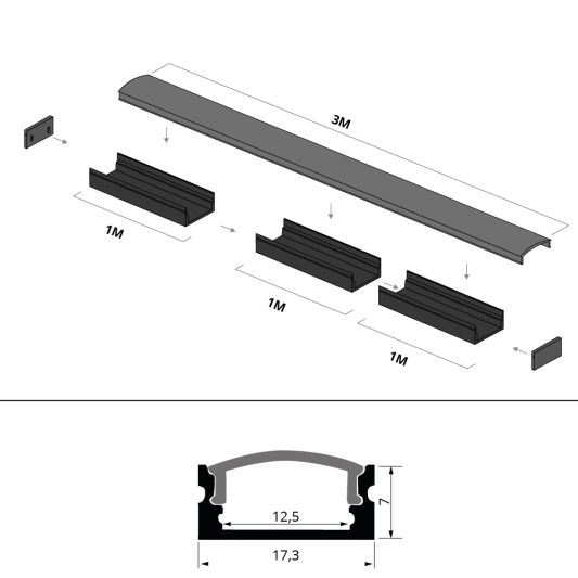 Aluminium ledstrip profiel zwart opbouw 3M - 7 mm hoog - compleet met afdekkap