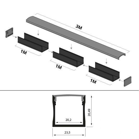 Aluminium ledstrip profiel zwart opbouw 3M - breed en hoog - compleet met afdekkap
