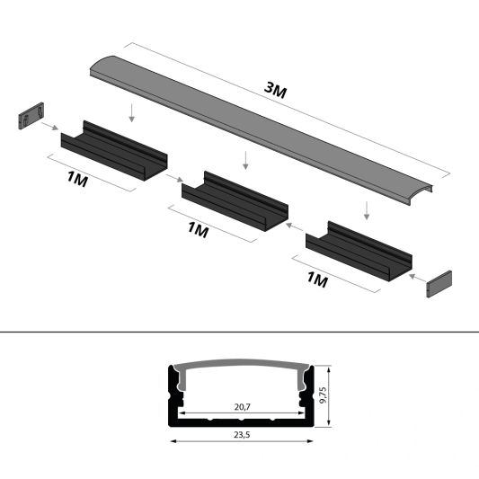 Aluminium ledstrip profiel zwart opbouw 3M - breed en laag - compleet met afdekkap