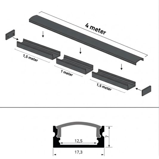 Aluminium ledstrip profiel zwart opbouw 4M - 7 mm hoog - compleet met afdekkap