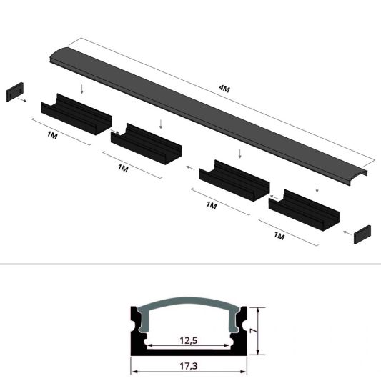 Aluminium ledstrip profiel zwart opbouw 4M - 7 mm hoog - compleet met afdekkap