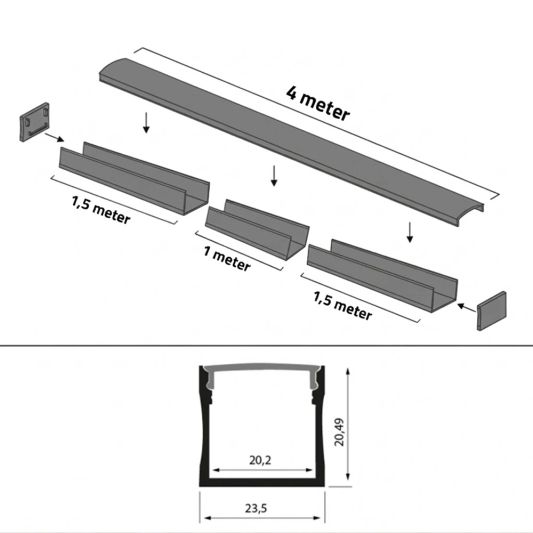 Aluminium ledstrip profiel zwart opbouw 4M - breed en hoog - compleet met afdekkap
