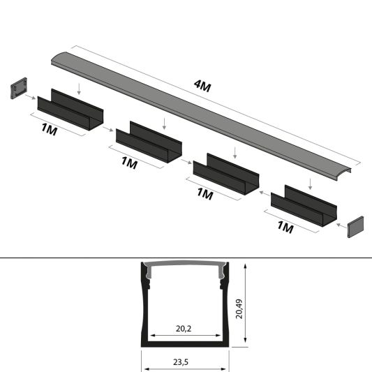 Aluminium ledstrip profiel zwart opbouw 4M - breed en hoog - compleet met afdekkap