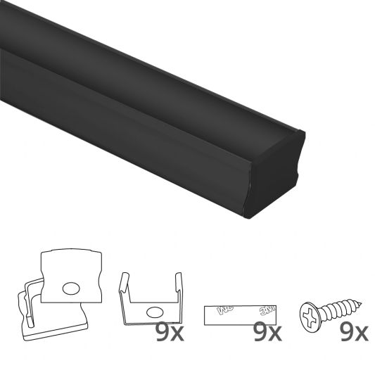Aluminium ledstrip profiel zwart opbouw 4M - breed en hoog - compleet met afdekkap