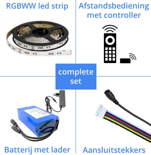Led strip op batterij RGBWW Premium complete set 1 meter