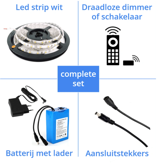 Led strip op batterij Warm wit, Koud wit OF Helder wit complete set 1 meter