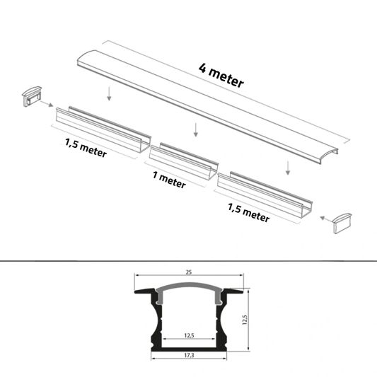 Led strip profiel inbouw Hoog model - compleet met afdekkap 15 mm hoog