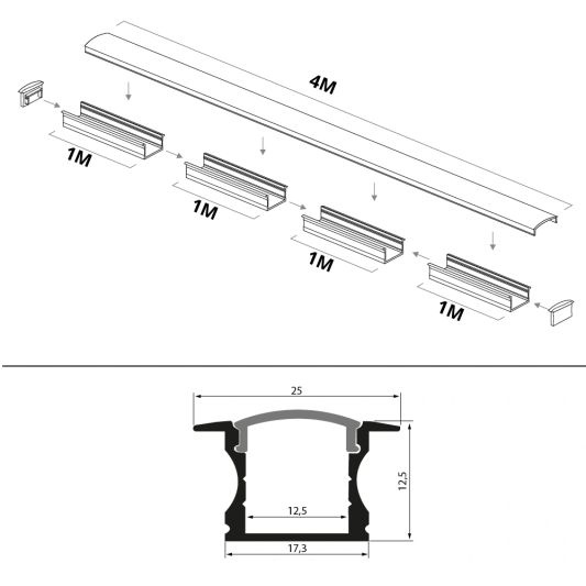 Led strip profiel inbouw Hoog model - compleet met afdekkap 15 mm hoog