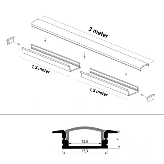 Led strip profiel inbouw Laag model - compleet inclusief afdekkap 3 meter 7 mm