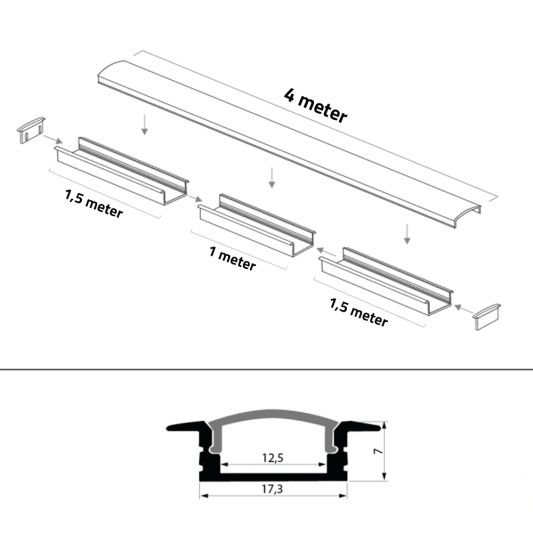 Led strip profiel inbouw Laag model - compleet inclusief afdekkap 4 meter 7 mm