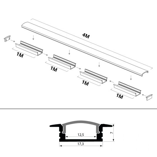 Led strip profiel inbouw Laag model - compleet inclusief afdekkap 4 meter 7 mm