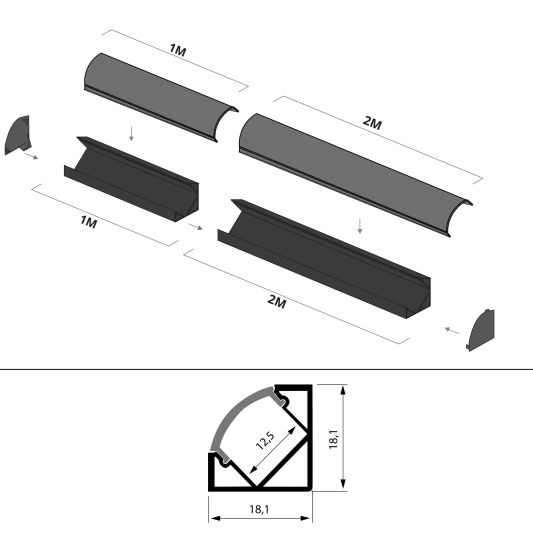 Ledstrip hoekprofiel zwart - Slim line - compleet inclusief afdekkap 2 meter
