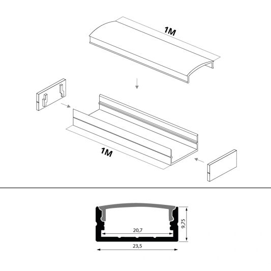 Ledstrip profiel breed opbouw laag model - compleet inclusief afdekkap 1 meter