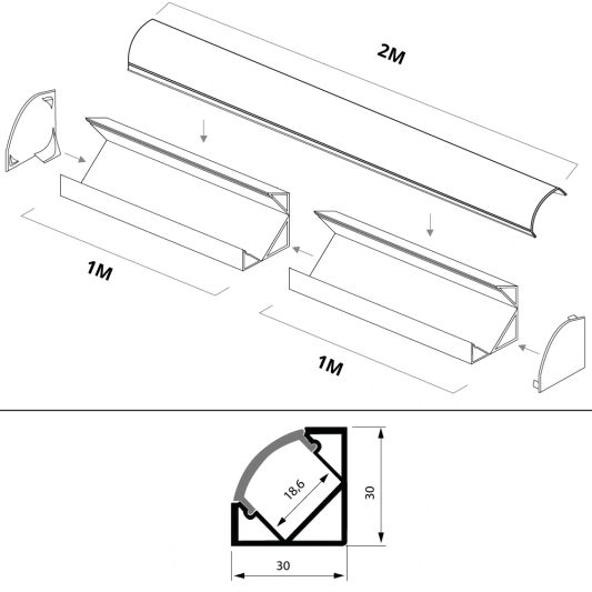 Ledstrip profiel hoek Basic line - compleet inclusief afdekkap 2 meter