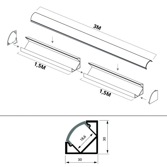 Ledstrip profiel hoek Basic line - compleet inclusief afdekkap 3 meter