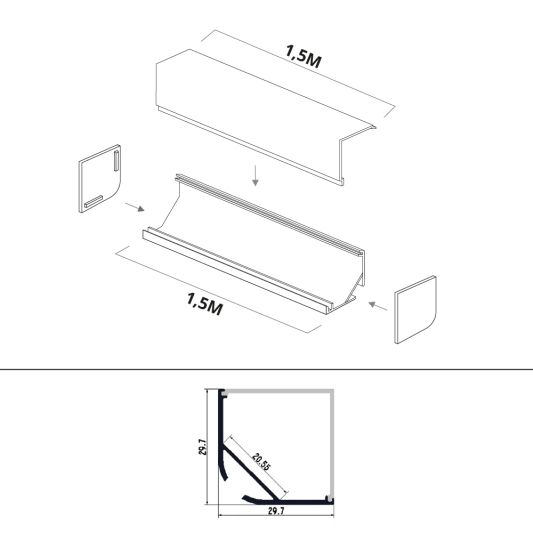 Ledstrip profiel hoek Breed recht model compleet met afdekkap 1,5M