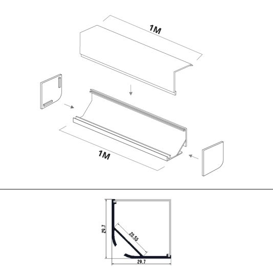 Ledstrip profiel hoek Breed recht model compleet met afdekkap 1M