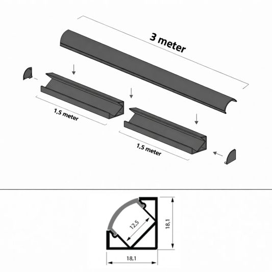 Ledstrip profiel hoek in zwart - Slim line - compleet inclusief afdekkap 3 meter