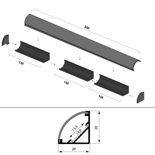 Ledstrip profiel hoek in zwart - Slim line - compleet inclusief afdekkap 3 meter
