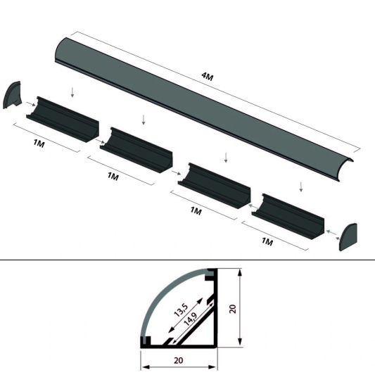 Ledstrip profiel hoek in zwart - Slim line - compleet inclusief afdekkap 4 meter