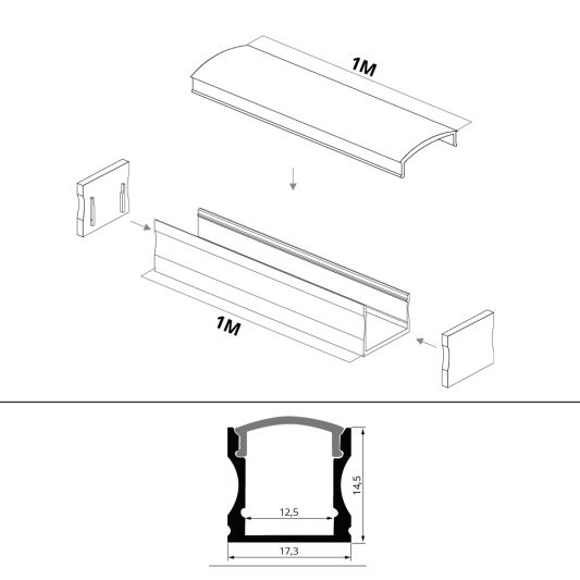 Ledstrip profiel opbouw Hoog model - compleet inclusief afdekkap 1 meter 15 mm